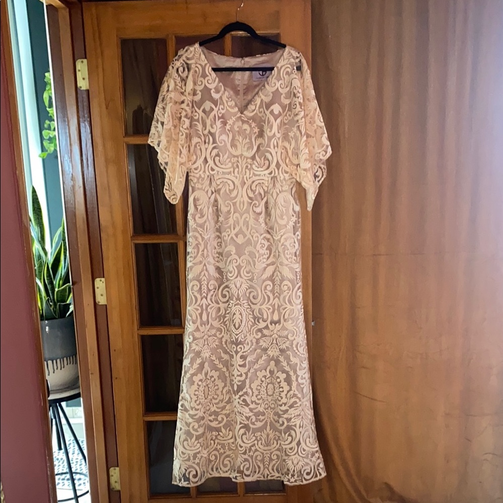 JS Collections Beige Lace Maxi Dress with Ivory Overlay